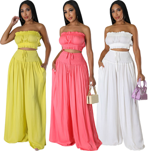 <span class=keywords><strong>Ensemble</strong></span> d'été plissé <span class=keywords><strong>ample</strong></span> pour femme, vente en gros, couleur unie, débardeur bustier et camisole sans manches avec dentelle ajustable - Product Image 1