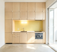 Ensemble d'armoires de cuisine sur mesure, cuisine avec rangement en hauteur pleine et four encastré pour appartement