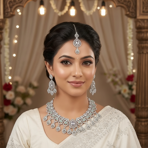 <b>Gold</b> Plated Alloy Pearl Bridal Shadow Choker Necklace <b>Set</b> Earrings Maang Tikka Ethnic High Quality Latest Wedding Party Gift - Product Image 3