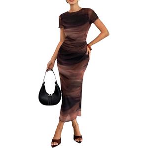 Vestido largo de malla transparente con efecto tie-dye para mujer, manga corta, ajustado, fruncido, para cóctel, cuello redondo, de gasa translúcida - Product Image 1