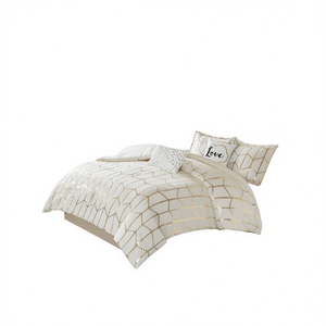 Parure de lit moderne imprimée métallique 4 pièces, taille complète/queen, 100 % polyester, impression sérigraphique - Product Image 1