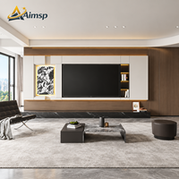 Meuble mural minimaliste pour téléviseur intelligent, placage en pierre, panneau en bois, éclairage ambiant LED, rangement intégré, modulaire personnalisé pour salon, villa