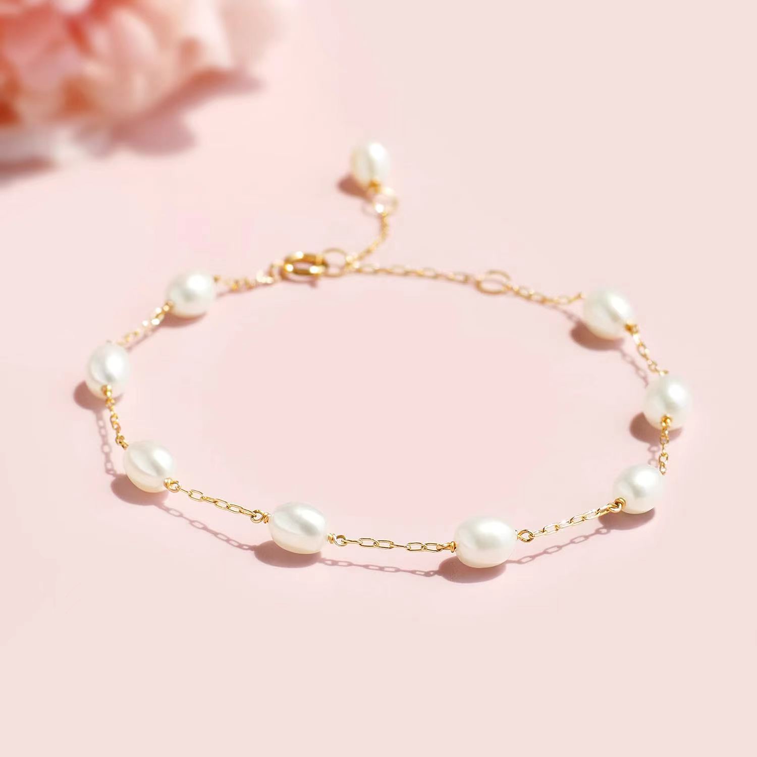 Pearl Bracelet Women's 18K Gold Chain Bar Freshwater Aquaculture Pearl Handmade Bracelet Fashion Pearl Bracelet