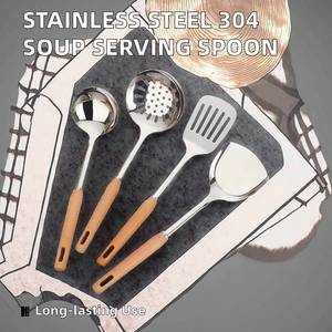 Ustensiles de cuisine en acier inoxydable avec manche en bois : Spatule ajourée, Spatule plate, Louche à soupe, Écumoire, Outils de cuisine à long manche - Product Image 2