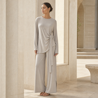 Loriya Abaya Wanita Muslim, Gaun Abaya Wanita Muslim Gaya Dubai, Set Abaya Jersey Lembut dengan Ikat Samping, Tunik, Celana Kaki Lebar, Athleisure