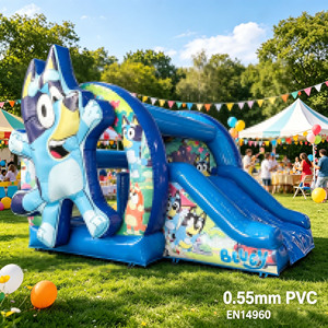 Château gonflable commercial bleu motif chien de dessin animé en PVC avec toboggan pour enfants et tout-petits, garantie 3 ans, installation facile - Product Image 1