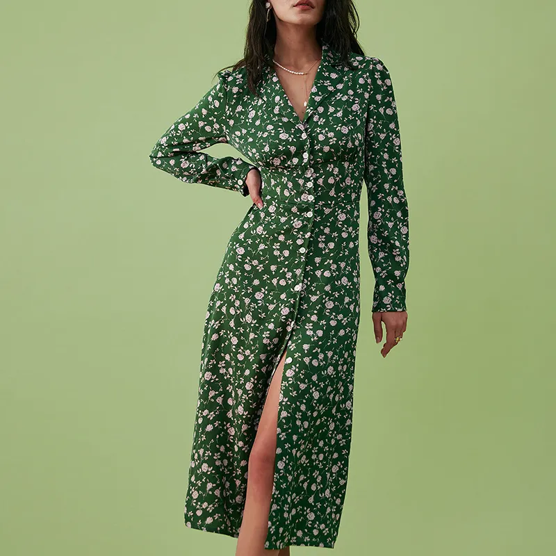 Hotsell OEM Dress Manufacturer Custom Clothing Women Long Sleeve Green Dress Notched Lapel Split Floral Casual Dresses