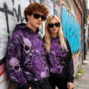 Hoodie Homme Oversize Personnalisé avec Impression DTG Totale Motif Crâne, Style Streetwear Vintage Délavé et Vieilli, Épaules Tombantes - Product Image 2