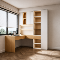 Bureau d'angle en L moderne sur mesure avec éclairage LED et étagère ouverte pour appartement, bureau à domicile ou projet de rénovation