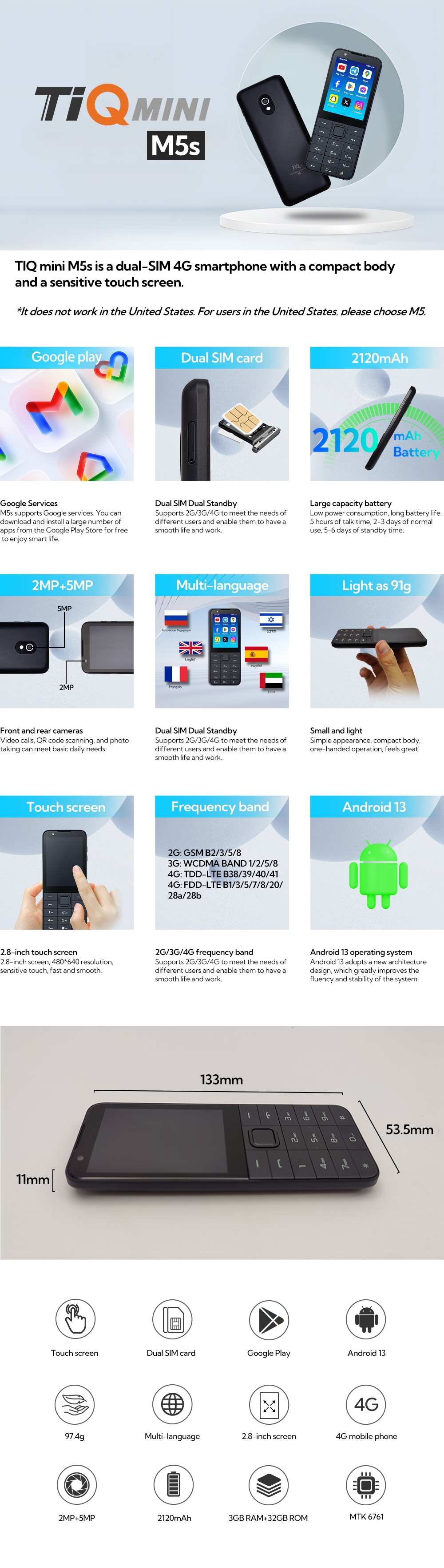 TIQ MINI M5S Android 13 LTE 4G スマートボタンタッチスクリーン携帯