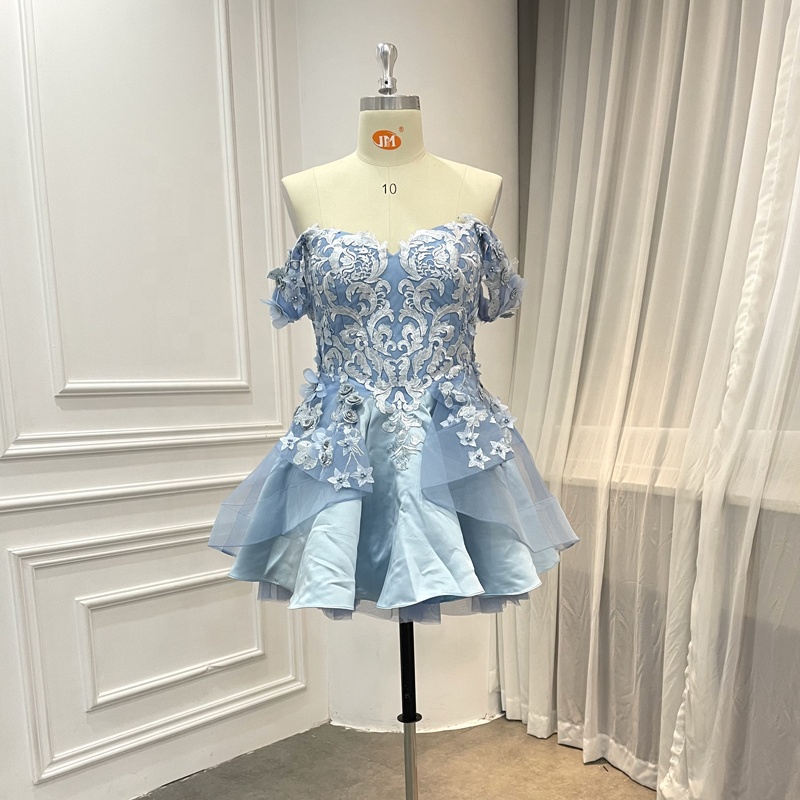 2 Pieces Blue Princess Ball Gown Floral Applique Prom Dress