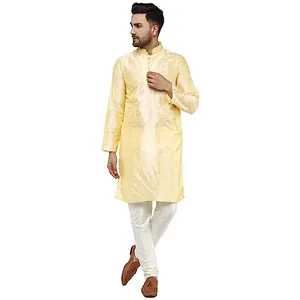 Mens Tunic Art Silk Kurta Pajama Indian Ethnic Dress Set