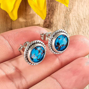 Orecchini a perno in argento tibetano con turchese, placcati argento antico, con incastonatura a castone vintage, gioielli di moda da donna - Product Image 3