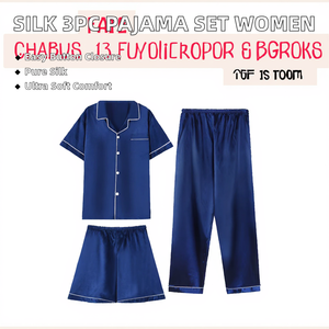 Ensemble de pyjama en soie pour femmes Oeko Luxury Solid Summer, 3 pièces, avec logo sur le devant, manches courtes, vêtements de nuit, vêtements de détente - Product Image 2