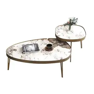 סט של 2 שולחן קפה קינון סגלגל נמוך גבוה צבע מותאם אישית שולחן צד שולחן שיש אבן צפחה עם רגליים ומסגרת מתכת