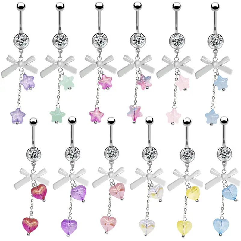 YICAI Mode Coloré Coeur Nombril Anneaux 316L Acier Chirurgical Arc Coloré Acrylique Dangling Nombril Piercing