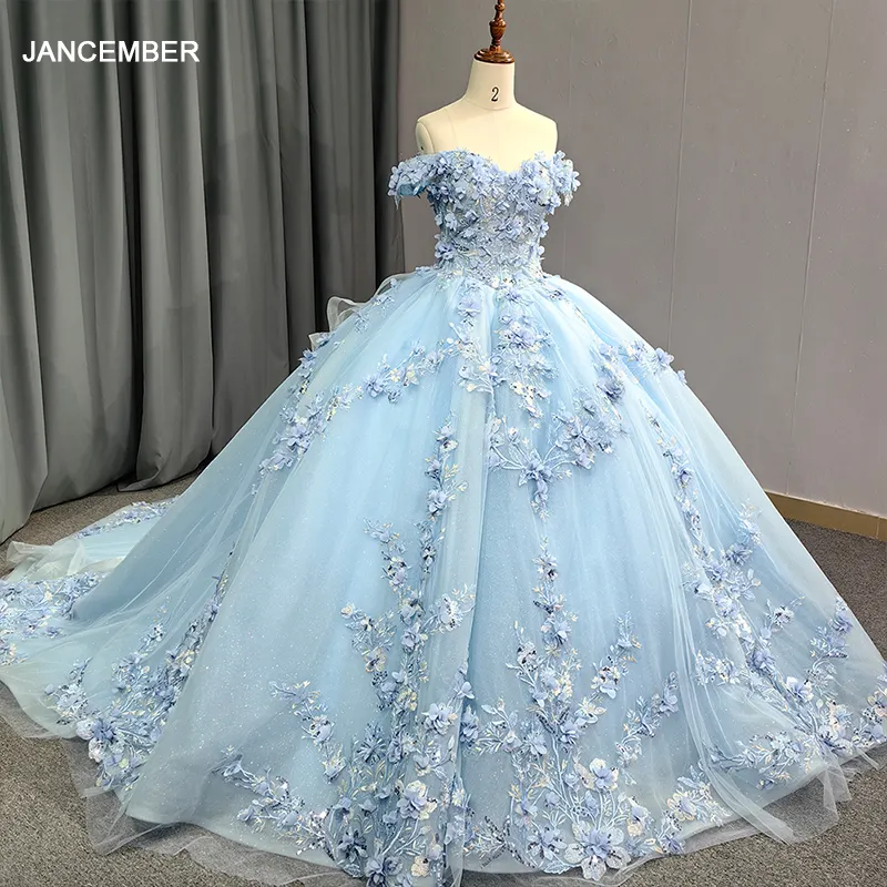 Jancember thiết kế mới màu xanh người yêu cổ tắt Vai bóng Gown đính thời trang thanh lịch sang trọng Evening Dresses