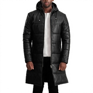 <b>Men's</b> Genuine <b>Leather</b> Eco-Friendly Breathable Waterproof Anti-Wrinkle Mandarin Collar Double Breasted <b>Long</b> Winter Overcoat - Product Image 1