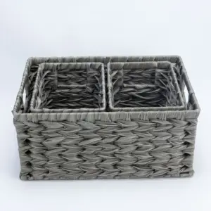 XH Factory Handwoven Durable Basket Rectangle Plastic Rattan Basket Set Of 3 For Home Hotel Bathroom Storage