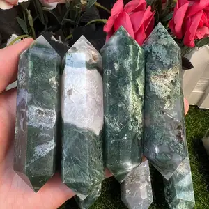 Crystal Wand Natural Moss Agate Double terminated Points good quality green moss agate with geode druzy 6-12 cm length