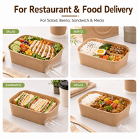 Boîte alimentaire rectangulaire en papier kraft autoportante avec couvercle transparent, jetable, pour repas à emporter, vente en gros