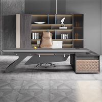Bureau de direction moderne de luxe en forme de L avec placage bois et armoire latérale de rangement