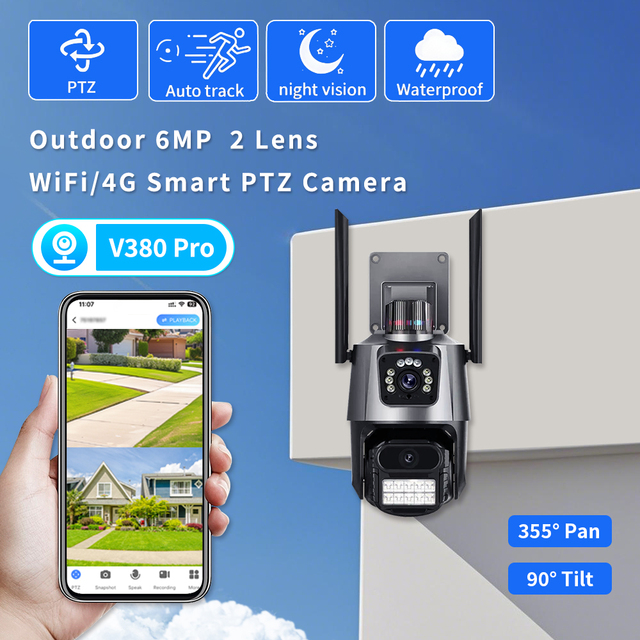 V380 4G Network SIM Card CCTV Camera with Dual Lens & Dual Screen Two-Way Audio Night Vision for Indoor/Outdoor Home Security