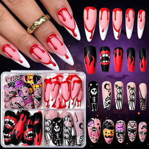 96 pièces <span class=keywords><strong>Faux</strong></span> <span class=keywords><strong>ongles</strong></span> à presser Halloween Gothique Goutte de sang, modèles mixtes : longs, forme Stiletto, Cercueil, Crâne, Toile d'araignée, Flamme, pour manucure - Product Image 1