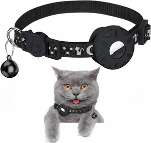 Kalung Kucing dan Anjing Berkualitas Tinggi dari Bahan Nilon dengan Desain Bintang Bulan Reflektif, Dilengkapi Tempat AirTag Silikon dan Lonceng untuk Pelacakan GPS - Product Image 1
