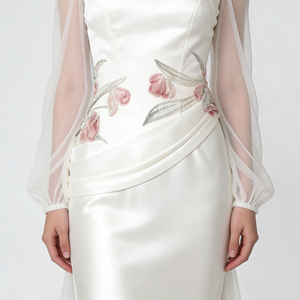Robes pour femmes, blanches, transparentes, à manches longues, brodées <span class=keywords><strong>de</strong></span> fleurs, en satin et tulle, maxi, pour soirée, mariage - Product Image 5