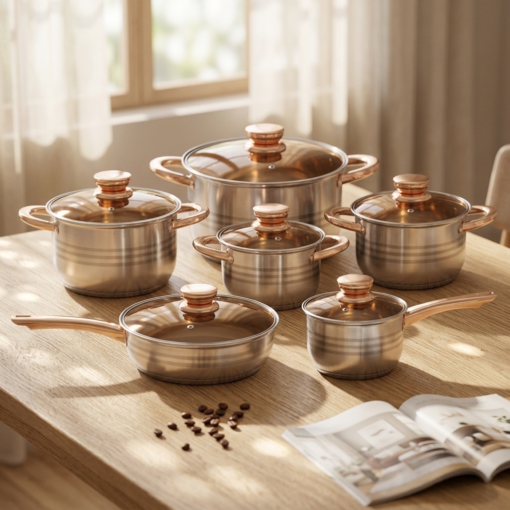 Modern Luxury 12pc Stainless Steel Cookware Set Custom Logo Kitchenware with Gas Applicable Casserole Pot Pan for Home Cooking