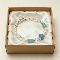 Bracelet en perles de quartz clair bleu aquamarine avec pendentif pièce de monnaie en argent et fermoir en S, bijou élégant et tendance pour femme