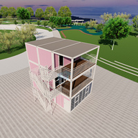 Maison-conteneur rose moderne et éco-chic à 3 niveaux pour les entreprises, espace de travail commercial tendance, façade en verre, terrasse paysagée