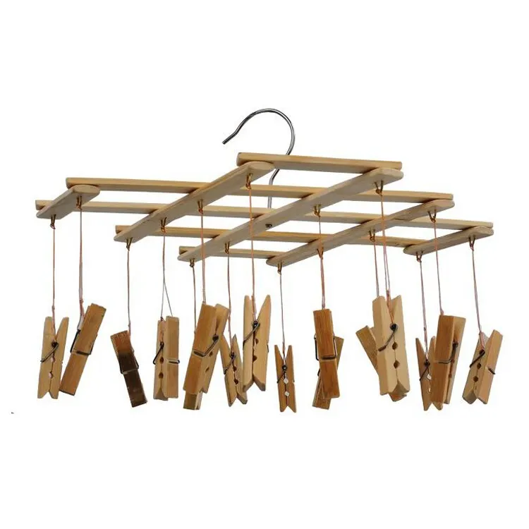 Benutzerdefinierte Wäsche Aufhänger Robust Bambus Holz Kleidung Trocknen Rack Mit Clips Für Schnell Hand Waschen