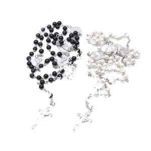 Collier chapelet imitation perles noir et blanc en forme de croix, bijoux religieux, colliers perlés tendance - Product Image 5