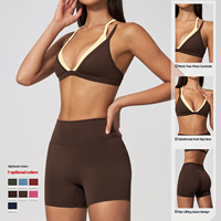 Ensemble de yoga 2 pièces OEM ODM pour femme, anti-transpiration, color block, tenue de sport ultra-extensible avec soutien-gorge et short froncé pour fitness et Pilates