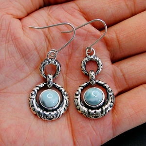 Hot Selling Natural Gemstone Women <b>Jewelry</b> Round Larimar Earrings Sterling Silver Antique Dangle Earrings for Gift - Product Image 5