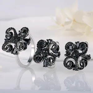 Vendita calda 3A black CZ orecchini ad anello S925 set di gioielli in argento ragazza gioielli per bambini