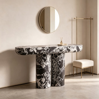 Table console en marbre veiné noir et blanc, plateau ovale arrondi, pieds cylindriques doubles, table moderne pour entrée, table de couloir en pierre, maison de rêve