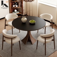 Table à manger ronde de style mid-century avec plateau en pierre frittée et pieds en bois massif, table de cuisine durable