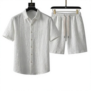 Ensemble chemise et short en coton gaufré pour homme, broderie palmier, tenue décontractée d'été, col rabattu, respirant - Product Image 3
