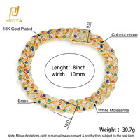 Bracelet chaîne cubaine NUOYA vintage en moissanite blanche 10 mm, plaqué or 18 carats, fermoir boîte en laiton pour hommes et femmes