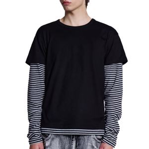 Custom Soft Lightweight 100% Cotton Jersey Unisex <b>Stripe</b> <b>Long</b> <b>Sleeve</b> <b>T</b>-<b>shirt</b> Custom Screen Printing Men's Mock Double Layer Tee - Product Image 4