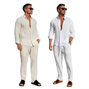 Set Camicia e Pantaloni in <span class=keywords><strong>Lino</strong></span> per <span class=keywords><strong>Uomo</strong></span>, Vendita all'Ingrosso, Logo Personalizzato, Completo in Puro <span class=keywords><strong>Lino</strong></span> a 2 Pezzi, Traspirante e Casual per Ordini all'Ingrosso - Product Image 1