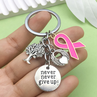 Porte-clés Ruban Rose de Sensibilisation au Cancer du Sein avec Étiquette Motivationnelle 'Ne Jetez Jamais l'Éponge' et Pompon Arbre de Vie, Cadeau pour Événement Caritatif