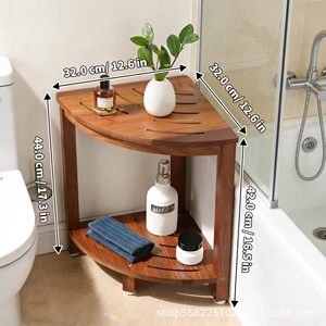 Tabouret de douche en bois Jaylen avec étagère d'angle double couche et rangement pour articles de toilette en bois massif - Product Image 2