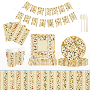 DAMAI New Customized Flower Theme Birthday Party <b>Disposable</b> Paper Plates Napkin Cups Brown Floral Tableware Set - Product Image 1