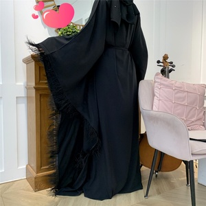 6317# Arabic Women Islamic Clothing Caftan Muslim Dubai Butterfly Bat Sleeves Abaya Muslim Dresses With Feathers - Product Image 2