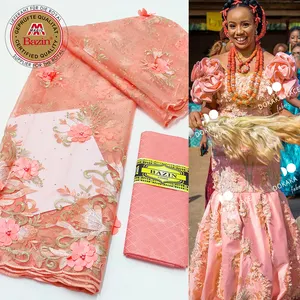 Kain jala bordir bunga 3D renda jaring Perancis Afrika dengan kain Bazin yang kaya bahan gaun pengantin pernikahan renda Guipure persik