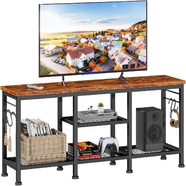 Modern Multifunctional Oak Media Console Table Soundbar Shelf Open Storage Shelves Solid Wood Metal Floor Mount TV Living Room
